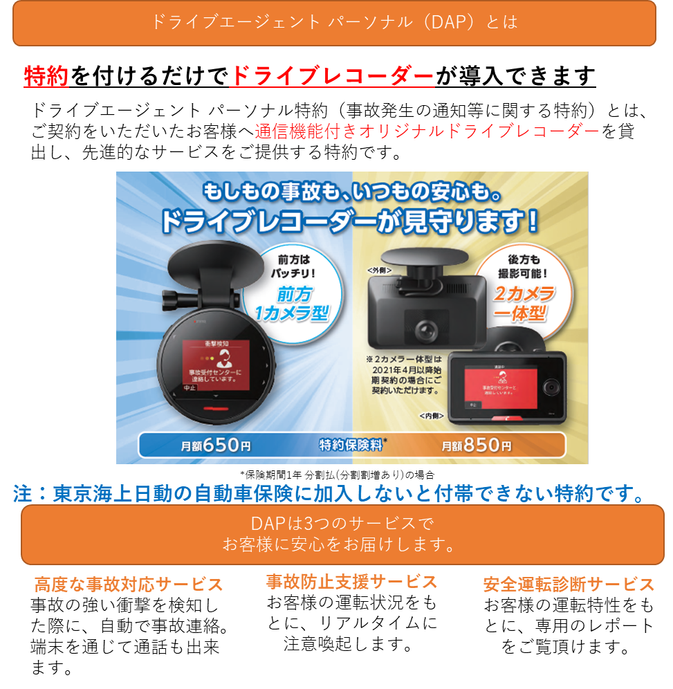 自動車保険の特約でドライブレコーダーが付けられます（ＤＡＰ）！ - あんしんの匠は東京海上日動のトップクオリティ代理店です
